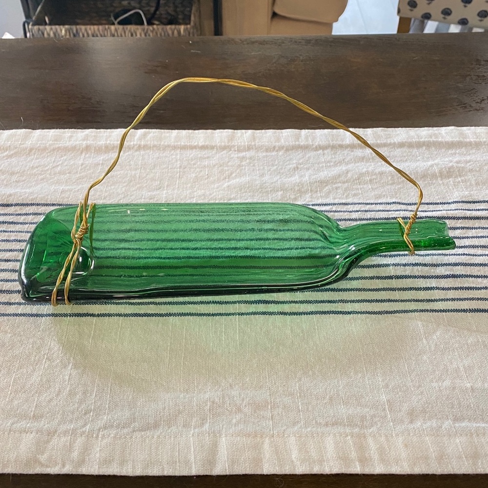 Slumped Green Wine Bottle Bird Feeder